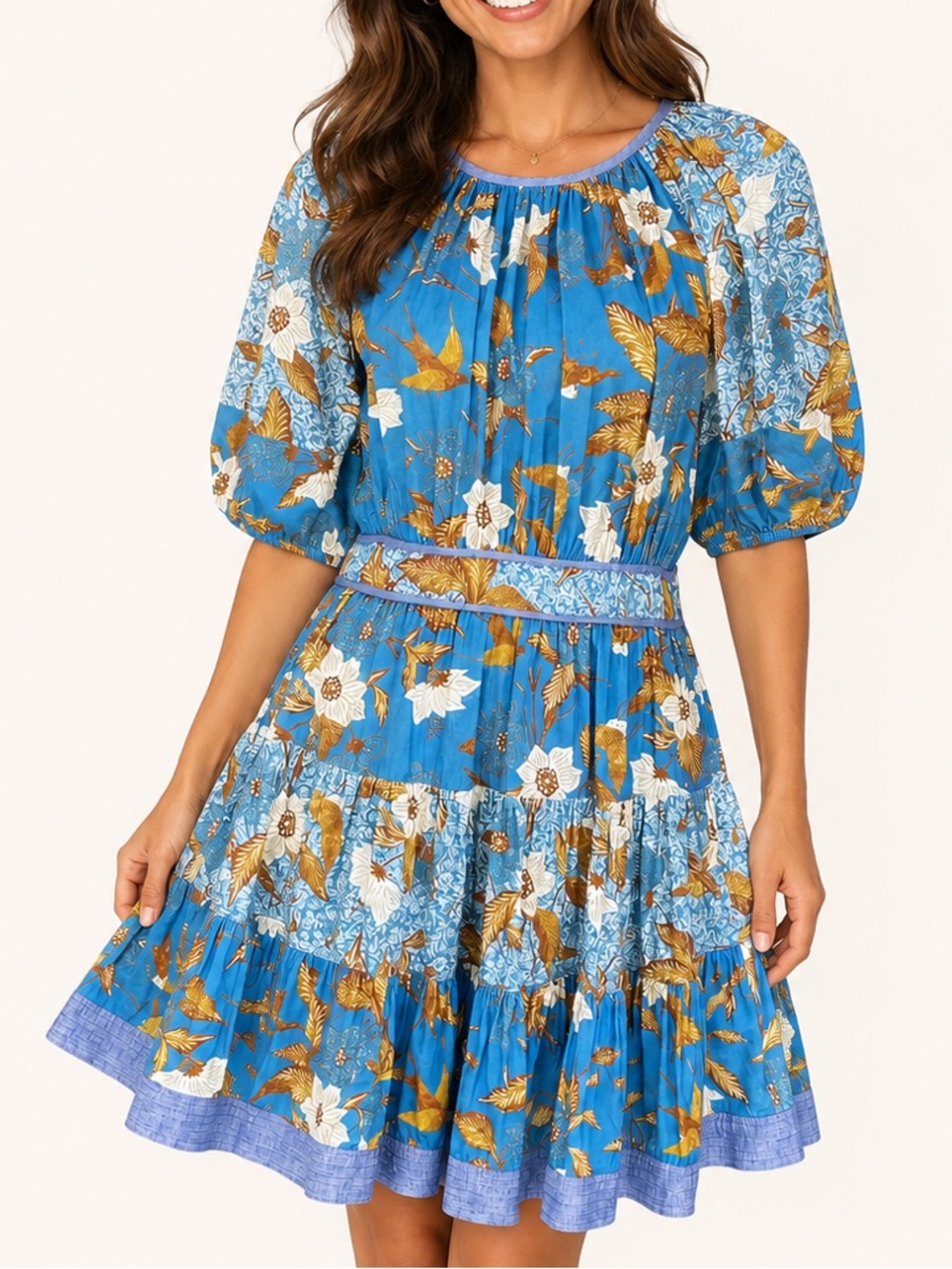 Ulla Johnson Blue Floral Puff Sleeve Tiered Mini Dress Size 6 NWT